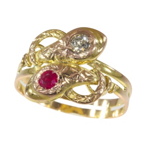 Vintage antique 18K gold snake ring with diamond and ruby